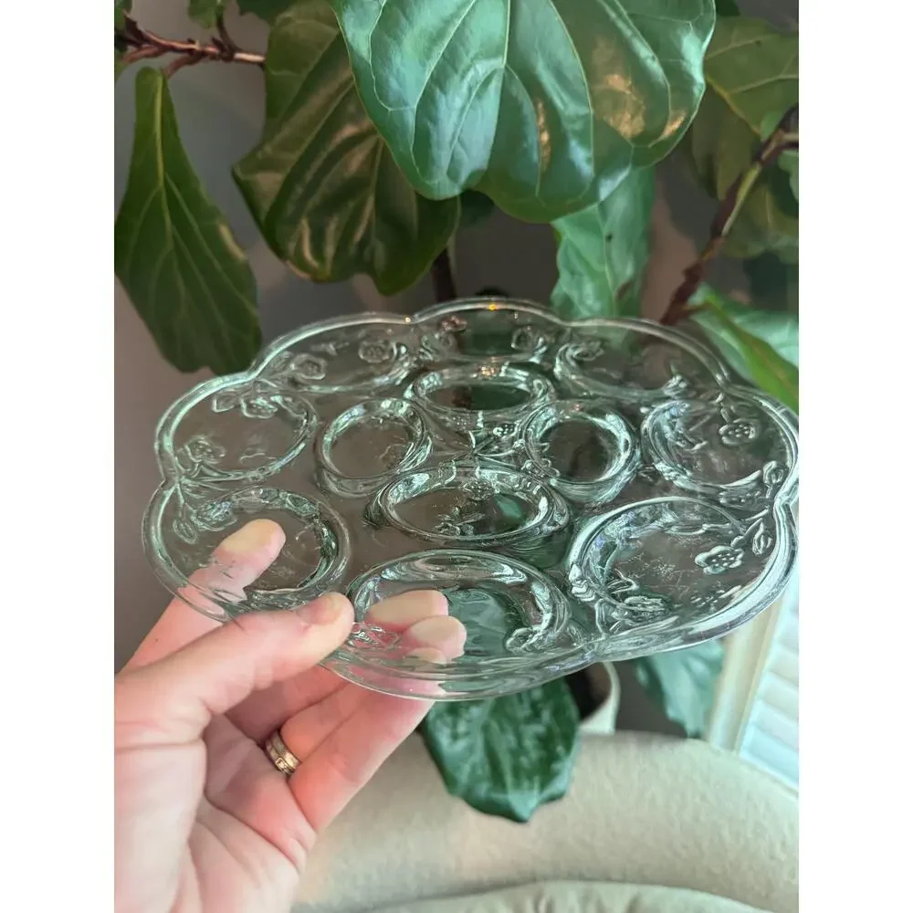 Vintage Anchor Hocking “Savannah Clear” Embossed Glass Deviled Egg Plate
